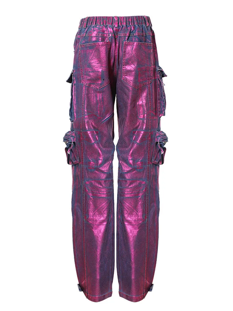 DEAT Women Denim Pants Elastic High Waist Multiple Pockets Purple Paint-coat Plated Cargo Jeans 2024 Summer New Fashion 7AB3206
