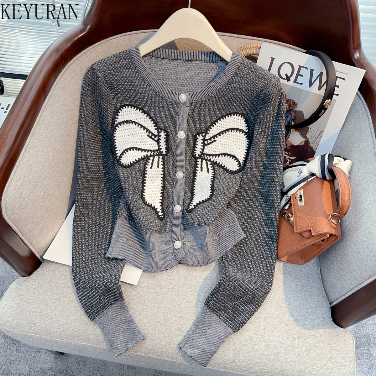 Bow-Pattern Long-Sleeve Knit Cardigan for Women main image 0