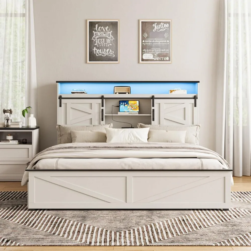 with 4 Drawers and Bookcase Headboard, Sliding Barn Door Storage Shelves, No Box Spring Needed, Beds Frames 4