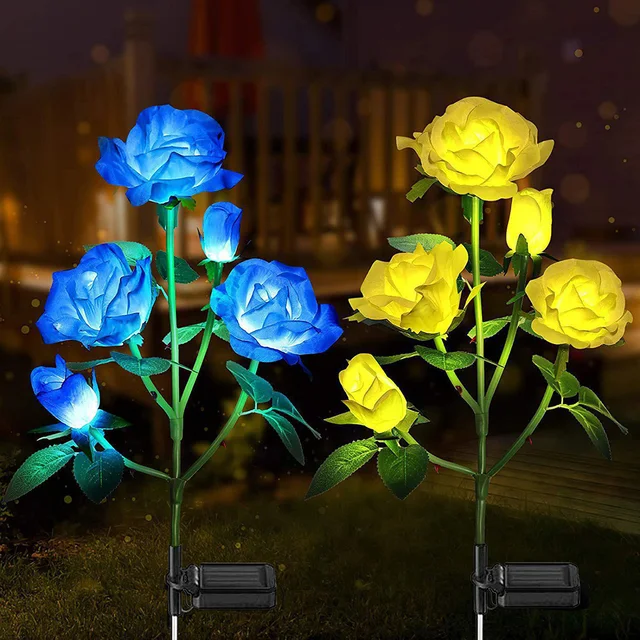 Luces solares decorativas para exteriores, lámpara de flores rosas para césped, Patio, decoración de jardín, 5 cabezales