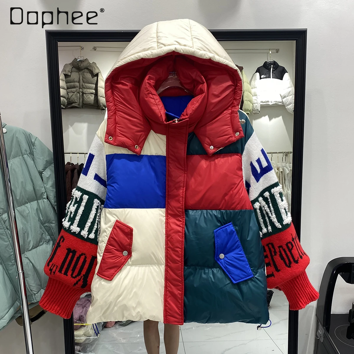 Streetwear Woman Color Contrast Patchwork Knitted Sleeve Down Jacket European Winter Fashion Loose Women Trendy Short Coats