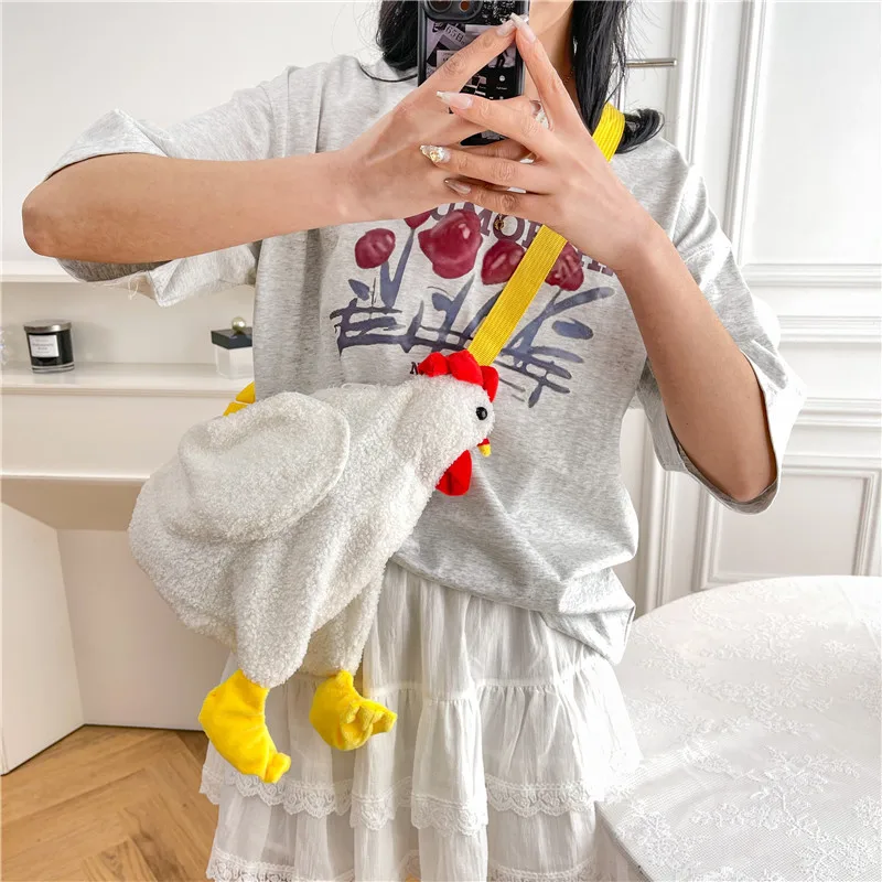 Chickens Shape Bag Zipper Crossbody Purse for Women Soft Fleece Fashion Handbags Cute Hen Shape Plush Bag Shoulder Bags
