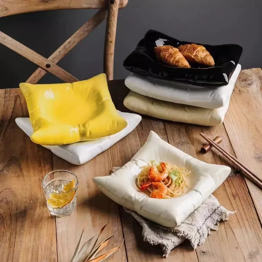 Creative Pillow Ceramic Plate Steak Dessert Sushi Plate Square Rectangular Ceramic Storage Tray Tableware Kitchen Accessories