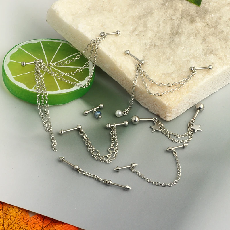 Stainless Steel Double Hole Chains Cartilage Back Stud Earring Ear Women Punk Hip Hop Helix Personality Piercing Jewelry Wholesa