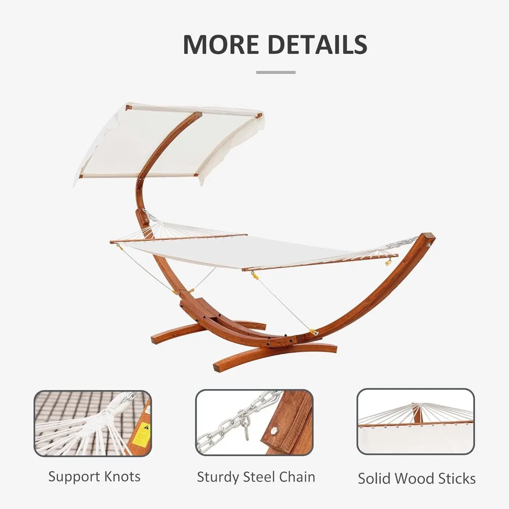13FT Wooden Arc Hammock with Canopy, Outdoor Hammock Bed with Wood Arc Stand for Patio Balcony Garden Backyard, White 5