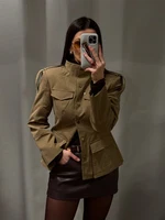 Blazer Manteau Femme Coupe Ajustée Col Montant Épaulettes Poches à Rabat Boutonnage Simple Printemps 2026 5