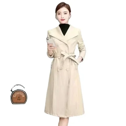 Top Compound lambskin leather jacket lady Free wash PU women clothing trench Long faux fur coat streetwear casaca para mujer