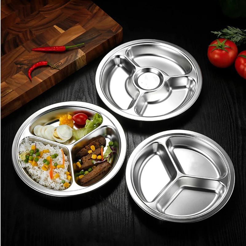 Dining dish Stainless Steel Round Serving Tray Divided Food Dinner Plates Canteen Lunch Dishes Container Home Dinnerware
