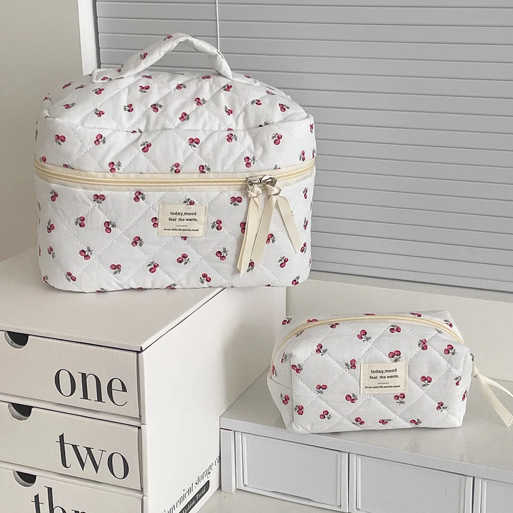 Fashion Cherry Tote Women Makeup Bag Portable Cute Ladies Cosmetic Toiletry Storage Pouch Handbag Cotton Quilted Zipper Bag 3
