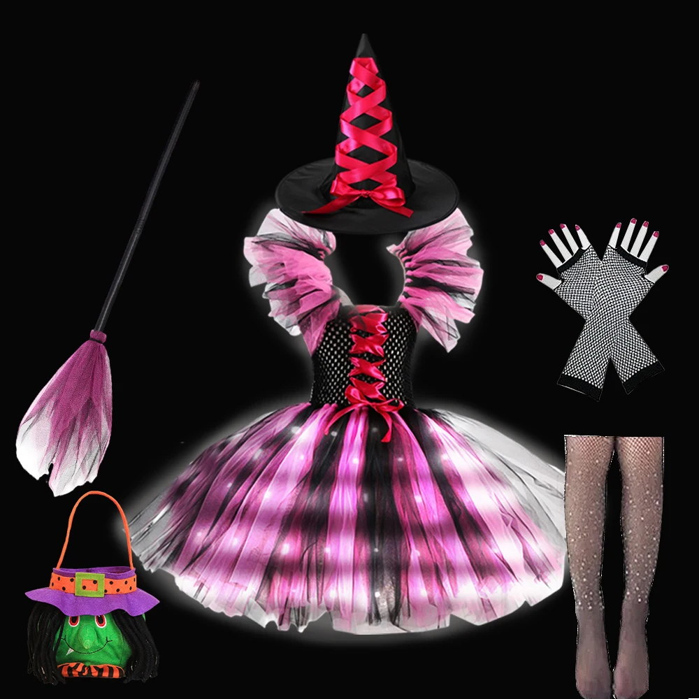 thumbnail image 1 of Disfraz de bruja de Halloween para niña, vestido de tutú con luz LED, vestido de carnaval, fiesta con sombrero, Cosplay de vampiro, ropa para niños de 2 a 10 años, 1 of 5