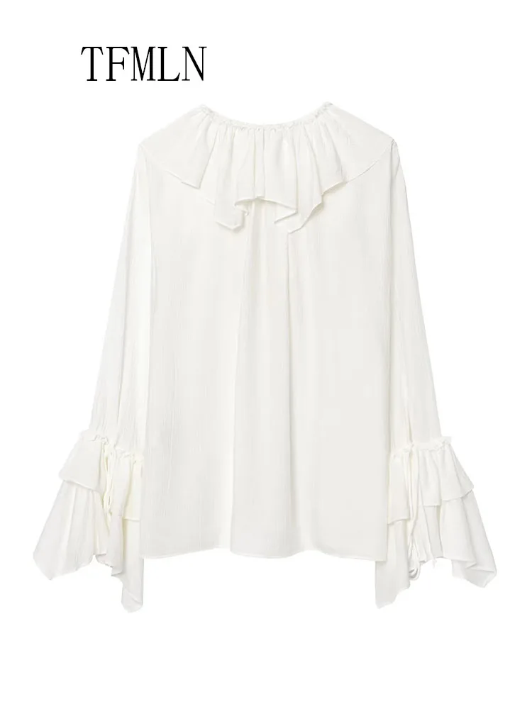 TFMLN 2025 Summer Women Tierred Ruffles Blouses Fashion Chic Causal V-neck Flare Sleeve Pullover Tops Sweet High Street Thin Top