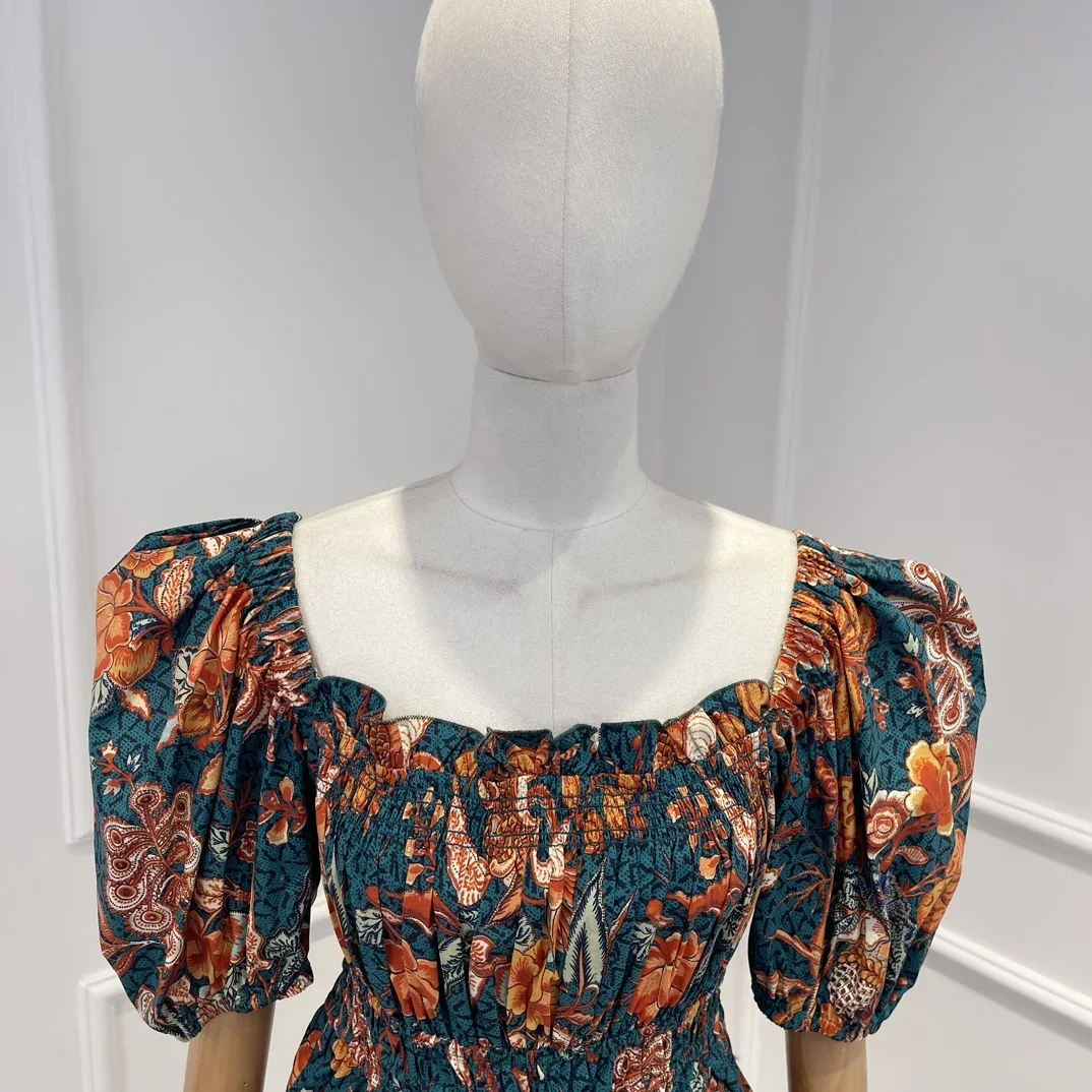Cotton 2023 New Top Quality Floral Print Vintage Puff Sleeve Pleated Elastic Drawstring Waist Holiday Style Woman Playsuits