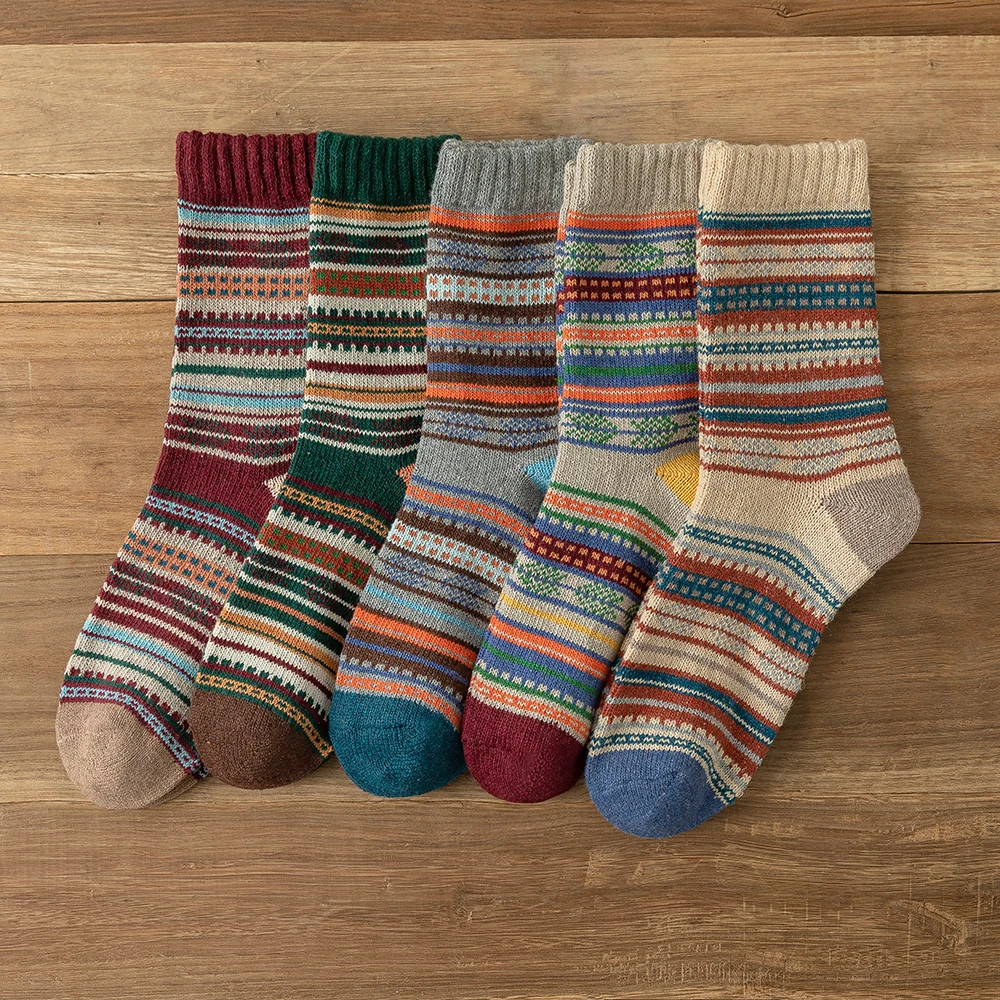 5 Pairs Women's Thermal Wool Socks - Autumn Winter Collection, Retro Nordic Style