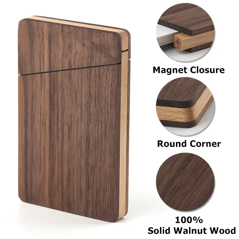 Walnut Wood ID Name Card Sleeve for Men Women Office Wooden Business Card Holder Portable Magnetic Closure Business Card Case 2