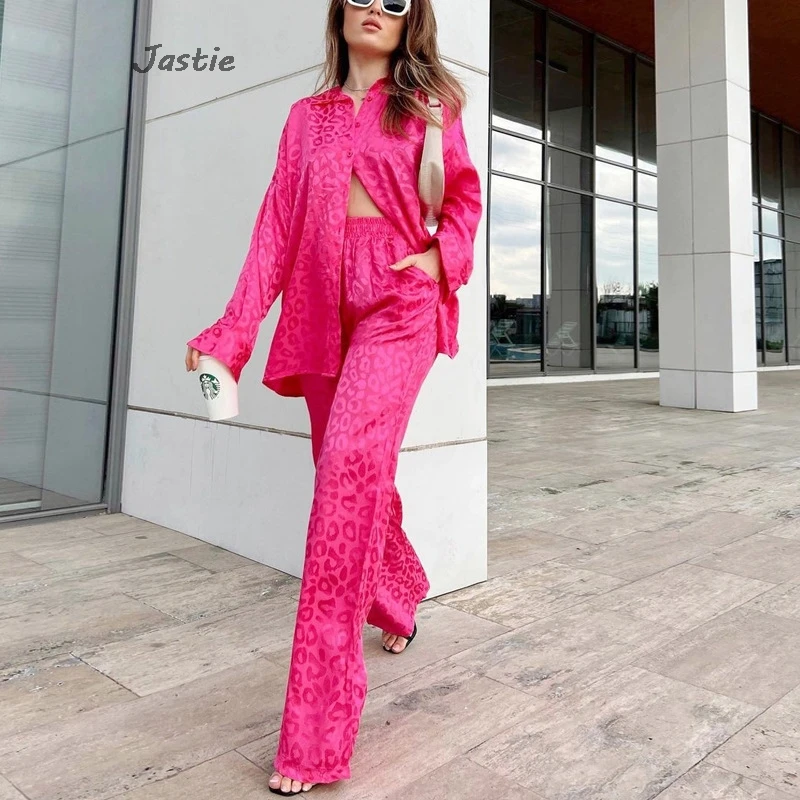 

Jacquard Satin Shirts + Wide Leg Pant Set Elastic Waist Trouser Chic Spring Suit 2Pc Fashion Loose Leopard Blouse Women Set