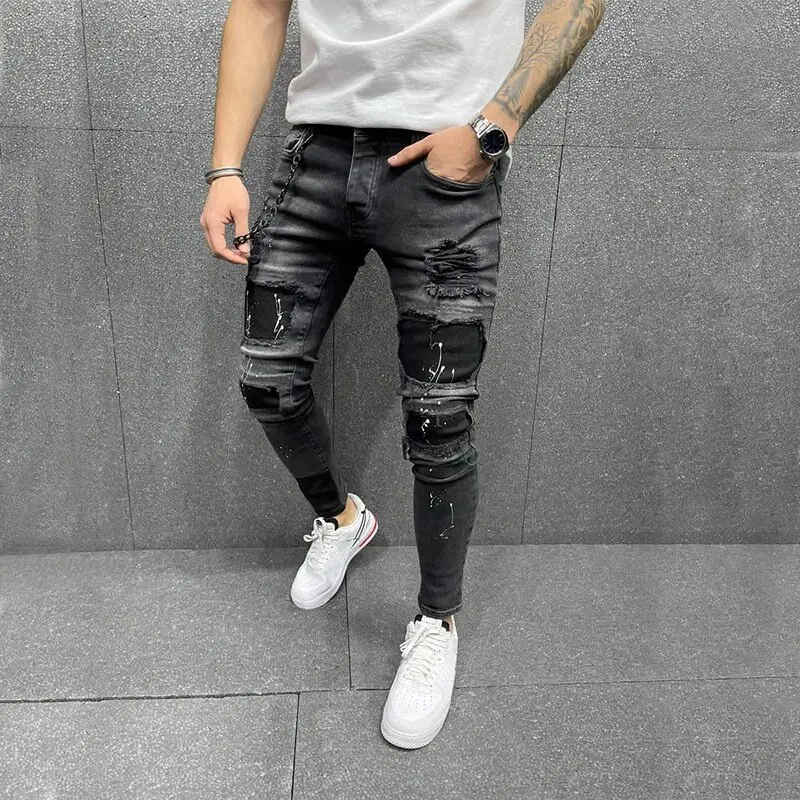 Plus Size S-3XL Men Ripped Jeans Spring Autumn Fashion Casual Washed Hole Slim Skinny Pencil Long Denim Pants Hip Hop