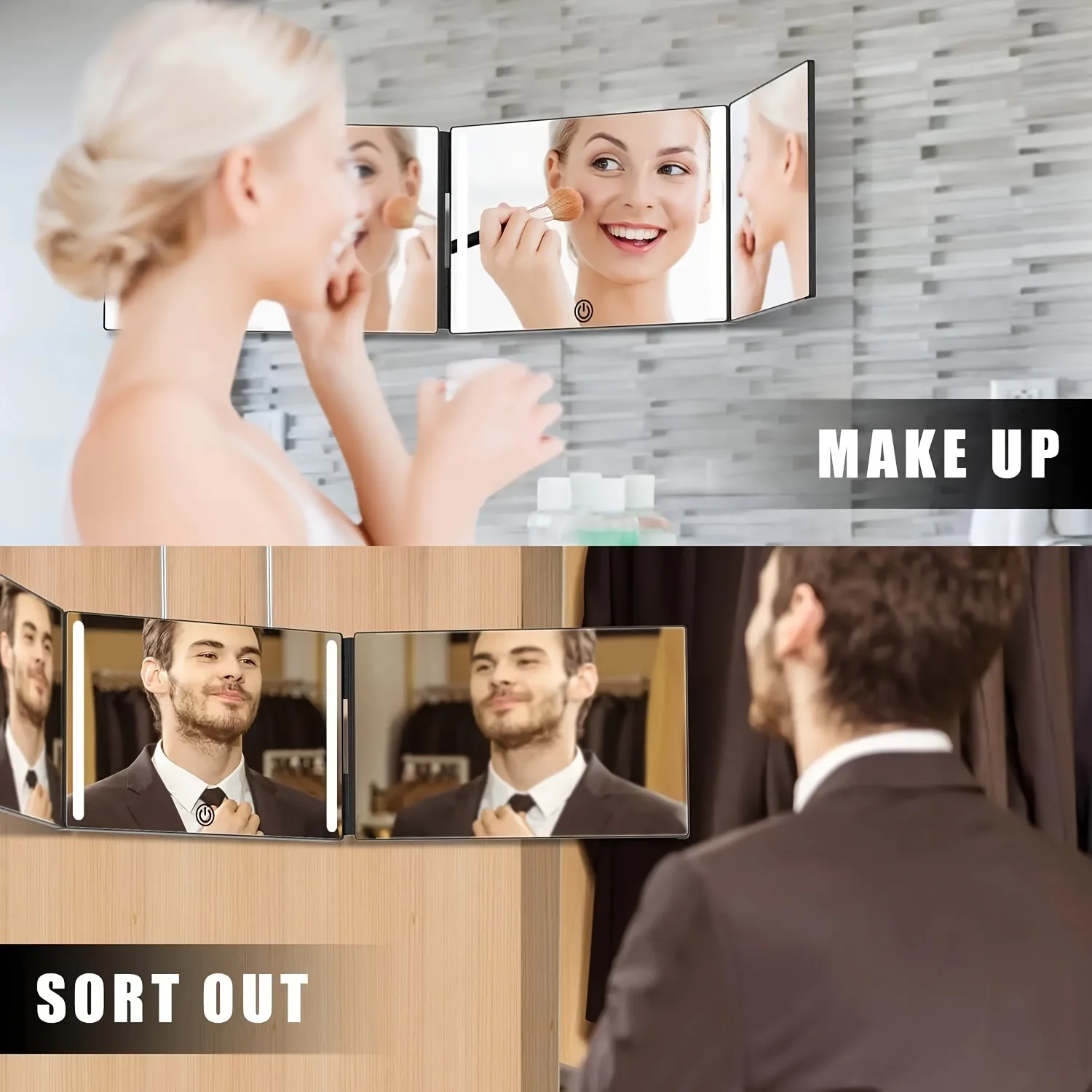 3 Way Hair Cutting Mirror with Adjustable Telescoping Hook for Makeup and Styling