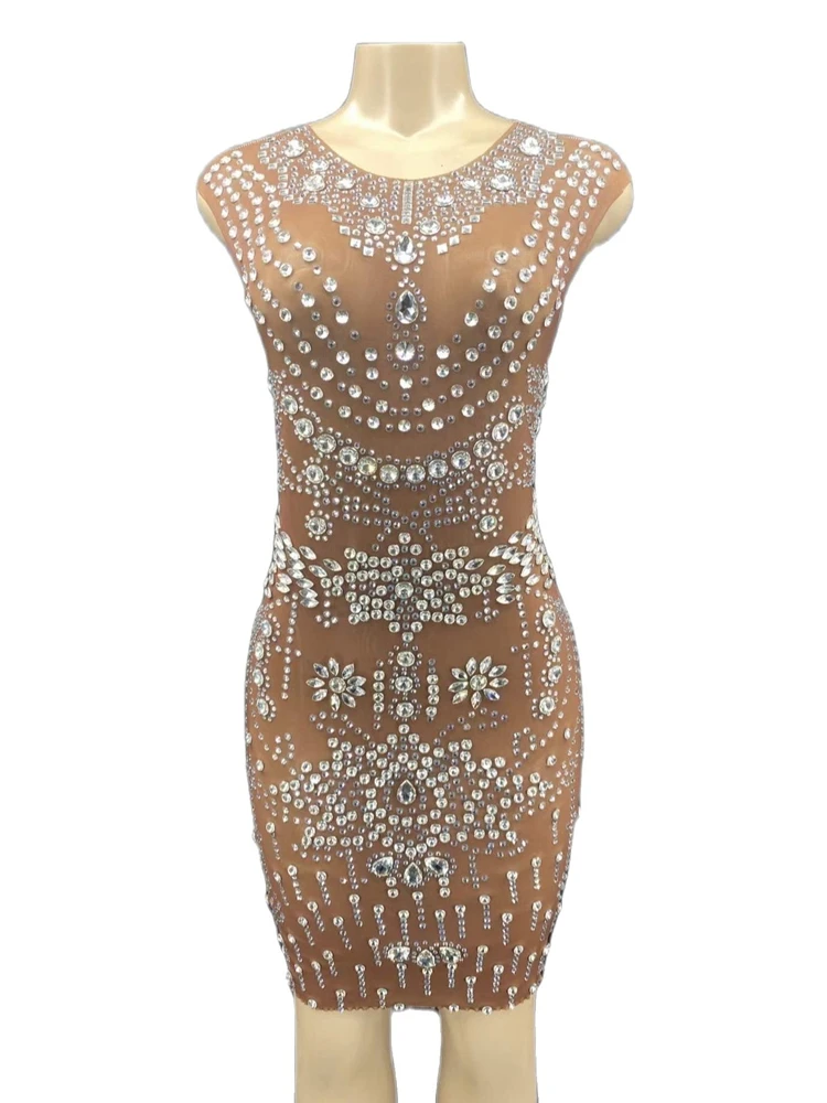 

Brown Rhinestone Sheath Dress See-through Skinny Dress Women Party Prom Formal Dress Nightclub Singer Stage Show Outfit