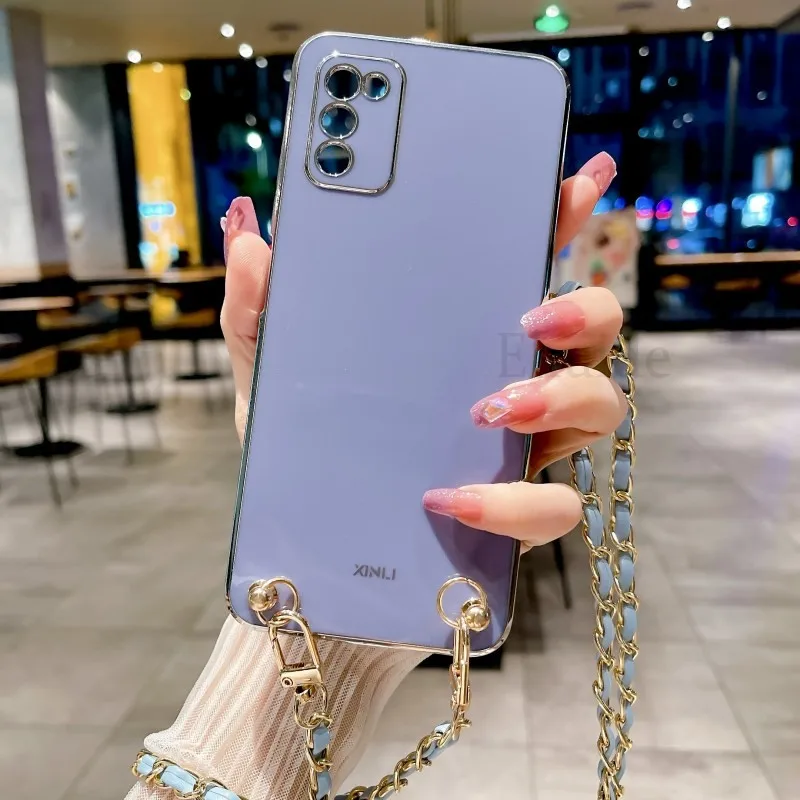 Crossbody Lanyard PU Leather Metal Chain Cover with Strap Plating Case