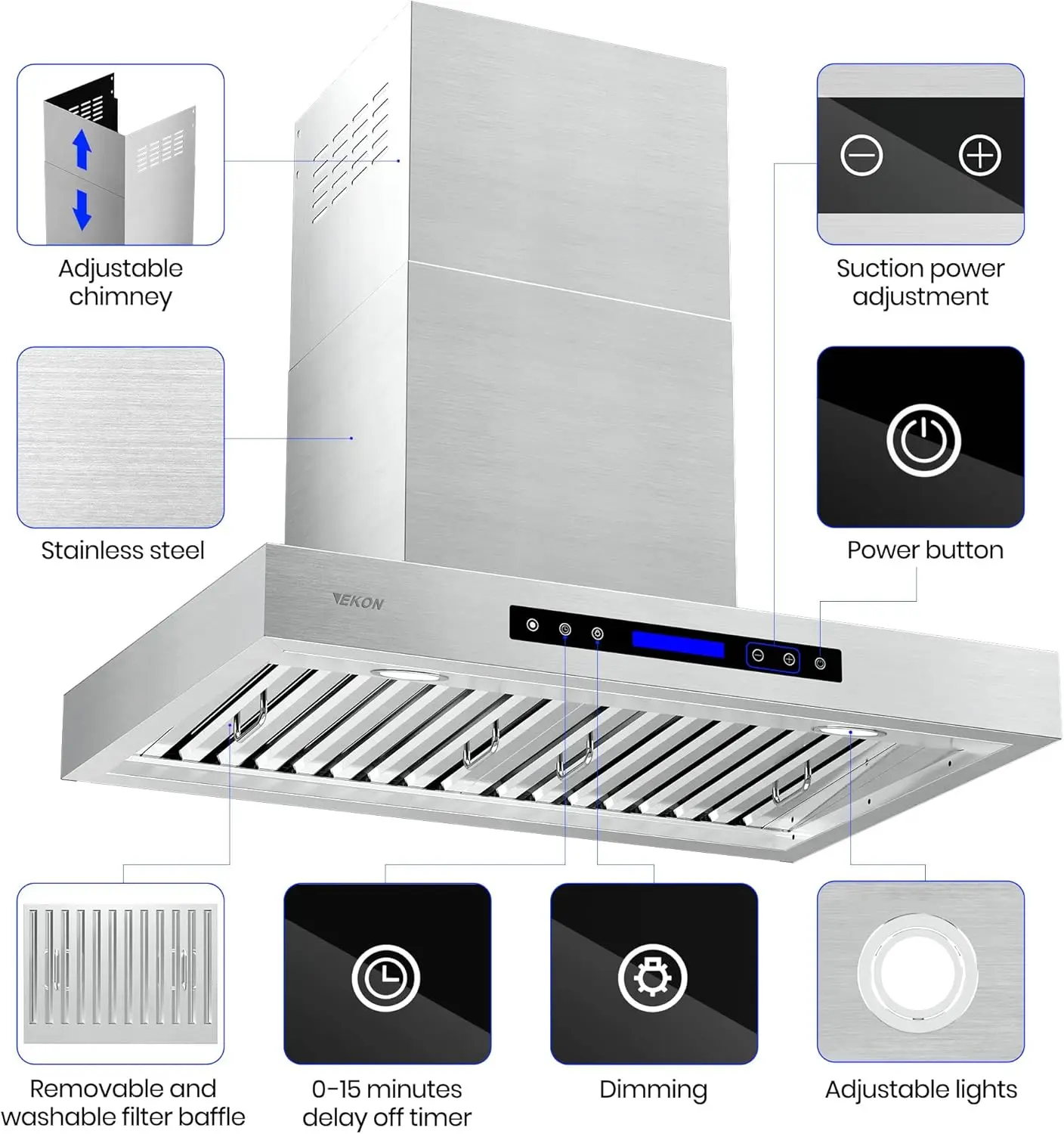 900 CFM Range Hood Stainless Steel 36 inch Kitchen Hood Vent With 4 Speeds Touch Panel Control LCD Display and Remote / 2 P 6