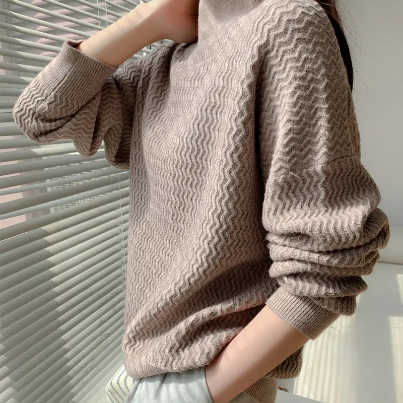 

High neck wavy knit sweater for women in autumn, new style, simple, lazy, long sleeve, loose, versatile knitwear