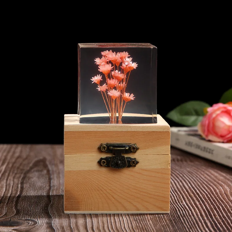 

5cm Cube Flower Organism Resin Table Light Creactive Art Decoration Lamp Dandelion Chrysanthemum Theme Night Light USB Charge