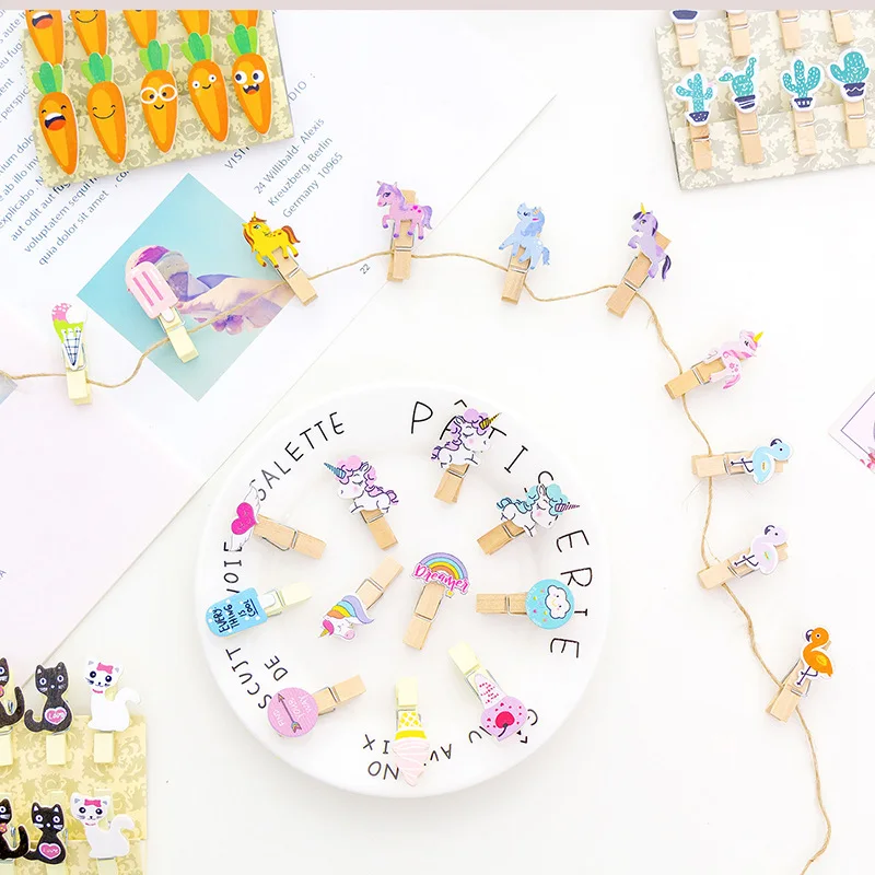 Paper Clips Binder Clips Wooden Clips 10Pcs Mini Wooden Clip Creative Cartoon Kawaii Cat Unicorn Modeling