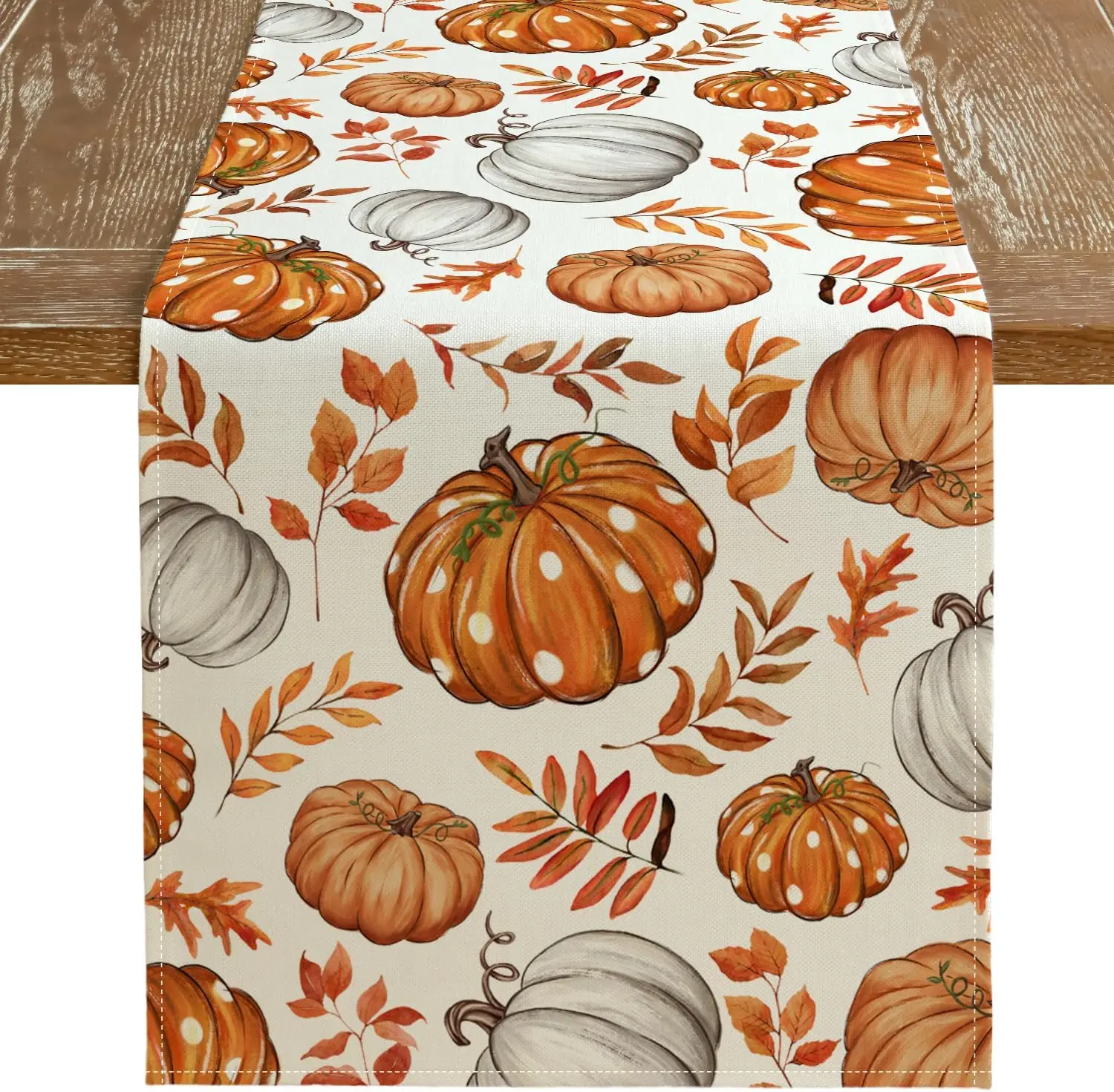 Fall Linen Table Runner Pumpkin Maple Leaves Orange Autumn Seasonal ...