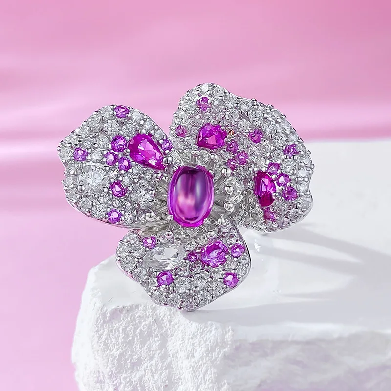 

S925 Silver Ring Butterfly Flower Red Zircon Stone Inlaid with Personalized Fashion Versatile Ring Boutique Jewelry for Women