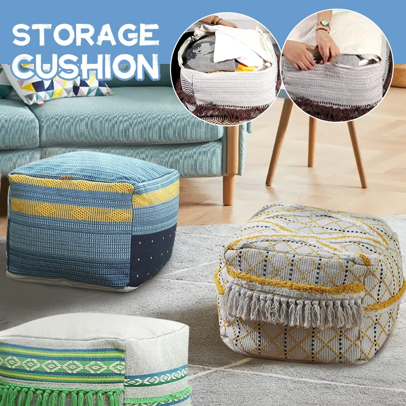 Square Multi-Pattern Moroccan Cotton And Linen Footstool With Tassel Pouffe Ottoman Pouf Cover Vintage Handmade Unstuffed