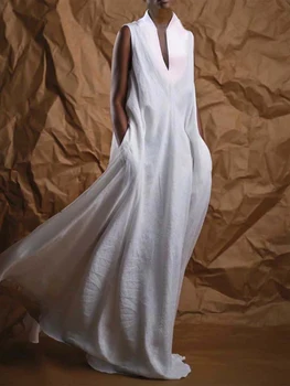 Women Fashion Linen Dresses Elegant Plain Deep V Neck Sleeveless Linen Flowy Maxi Dress Casual Long Dresses Streetwear 1