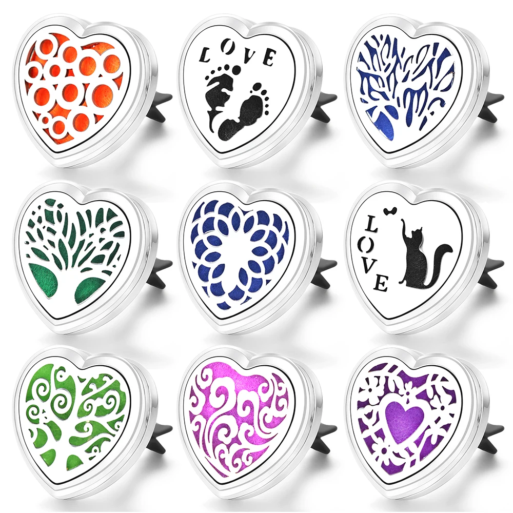 Heart Shape Car Aromatherapy Diffuser Pendant Car Vent Clips Tree of Life Stainless Steel Perfume Essential Oil Locket Jewelry