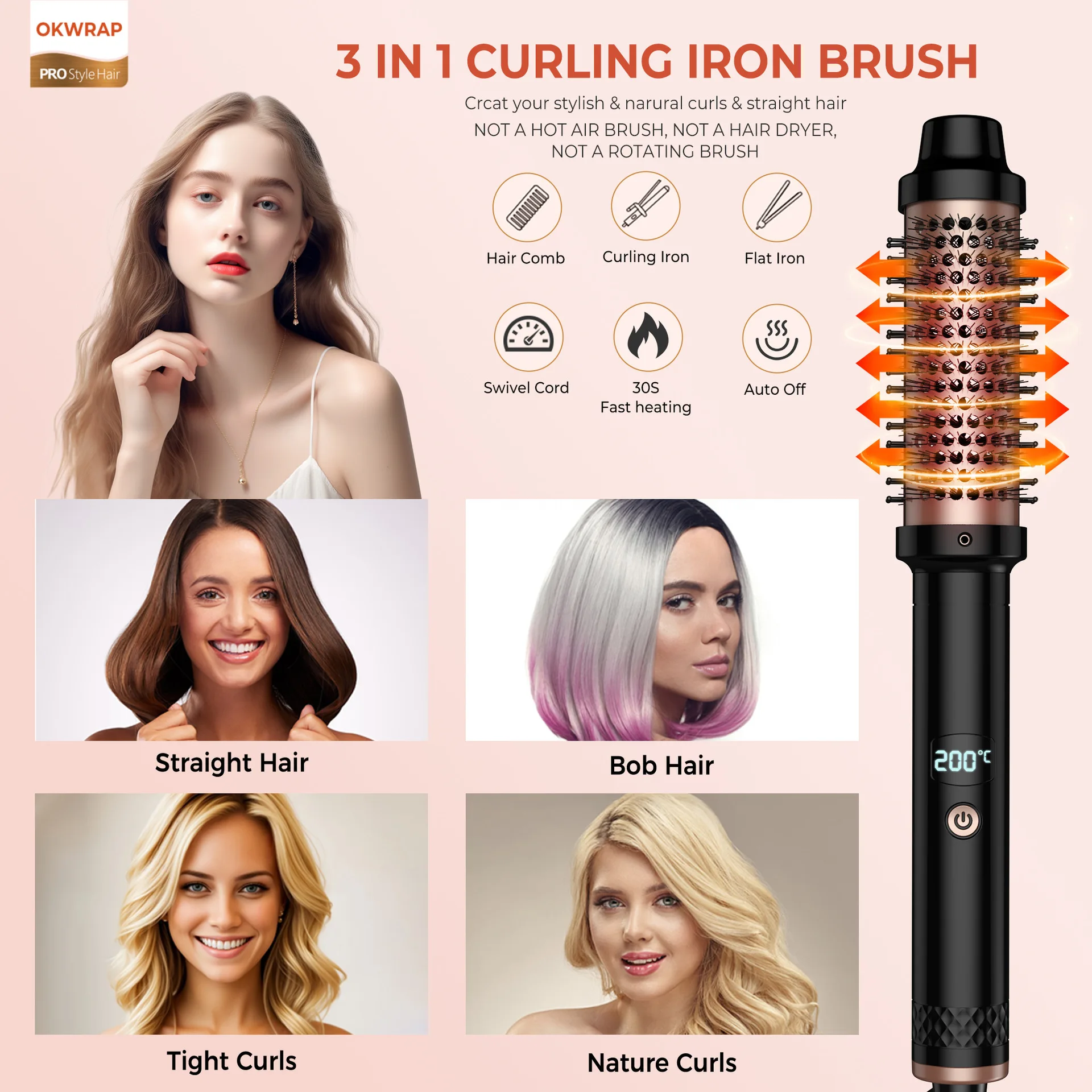 3-in-1 Multifunctional Straightening Curling Hot Brush Portable Travel Ionic Hair Styling Comb Fast Heating for Thick/Fine Hair