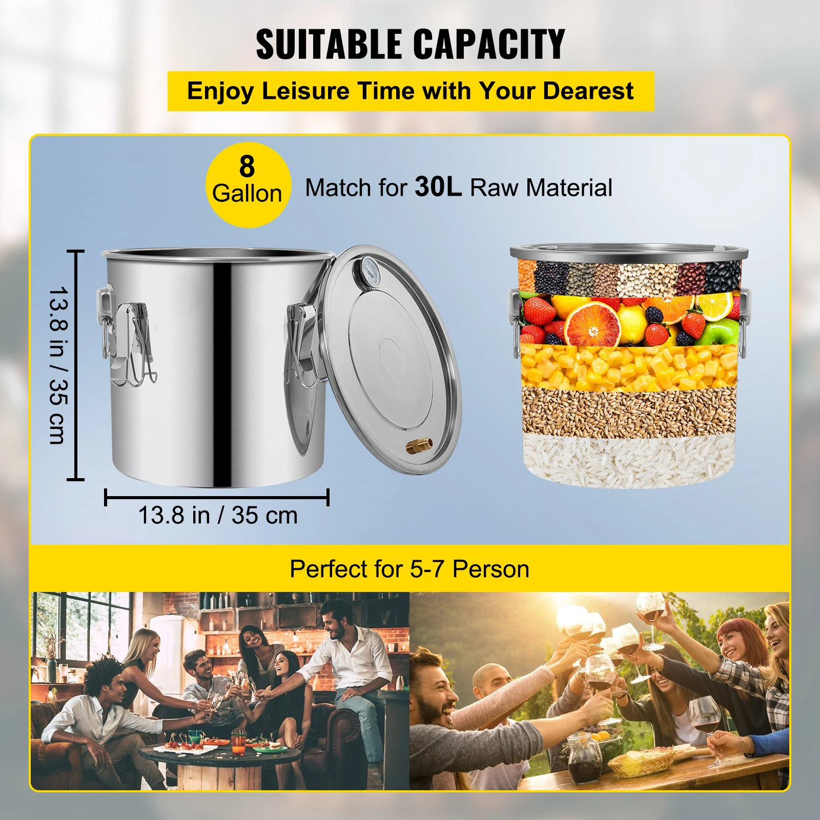 Alcohol Distiller 8/13.2 Gal Stainless Steel Still DIY Moonshine Apparatus Whisky Beer Brandy Home Appliance