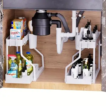 2-Tier L-Shaped Under Sink Organizers (2 Sets), Ideal for Bathroom & Kitchen! With Sliding Drawer & Pull Out Shelves to Maximize