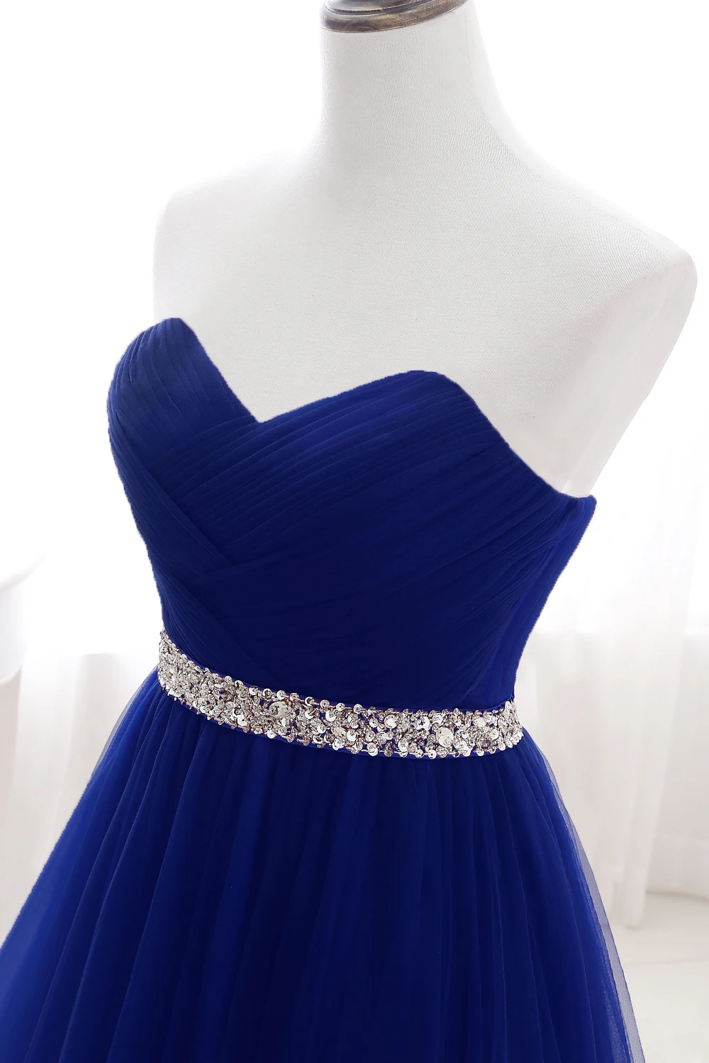 A-line Strapless Tulle Royal Blue Evening Dresses Lace Up Crystal Sequin Formal Party For Bride Sexy Prom Gown Wedding Party 4