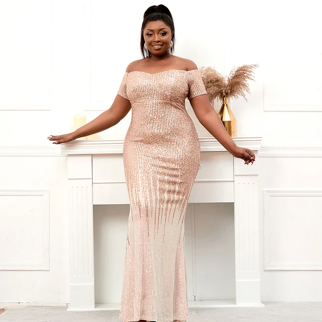 Plus Size Women Elegant Boat Neck Party Maxi Dress Off Shoulder Black Gold  Sequin Evening Dress Long Prom Dress - Plus Size Dresses - AliExpress