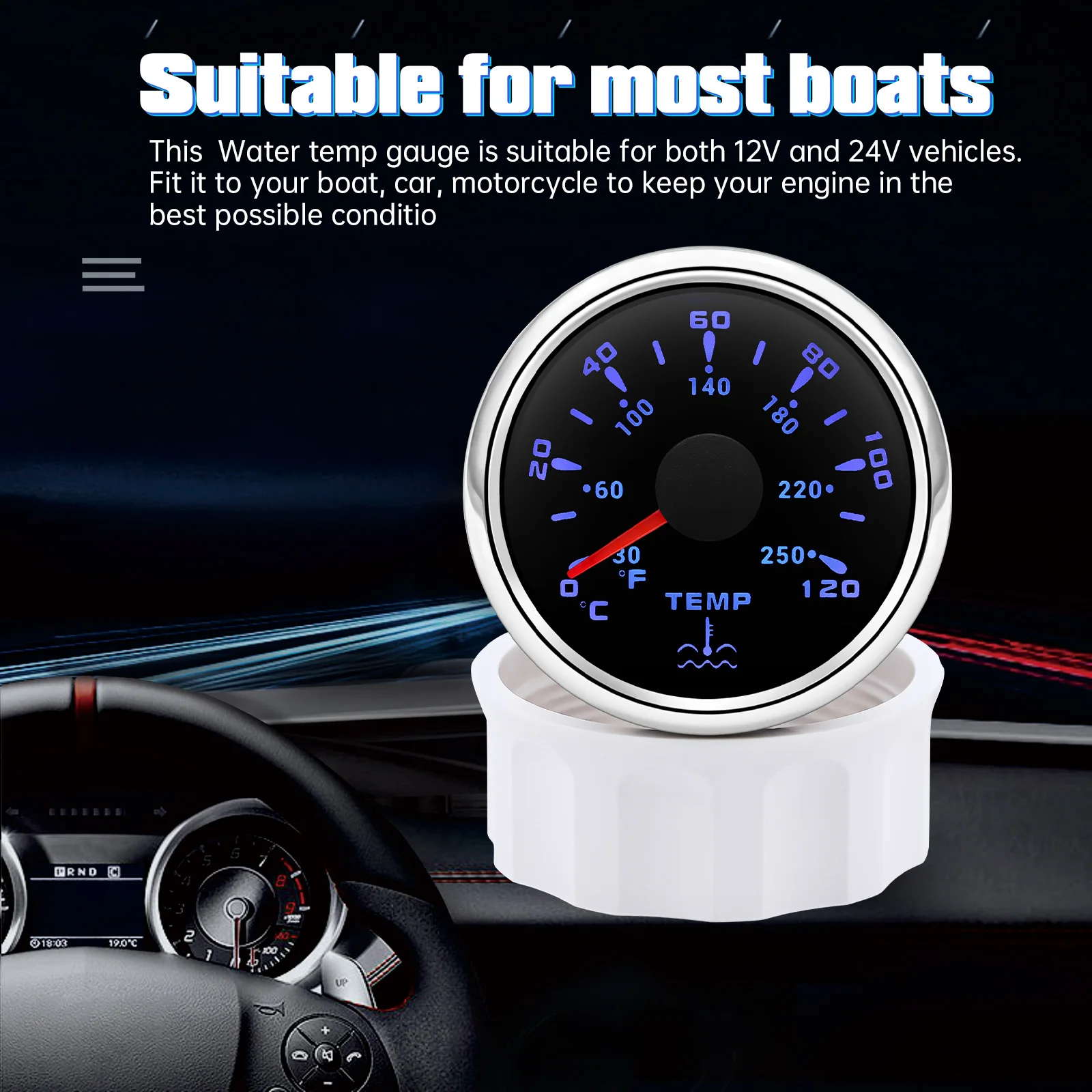 AD 7 Colors 52MM Water Temperature Gauge 12V Water Temp Gauge Car Boat Motorcycle Meter 0-120 Celsius 30-250 Fahrenheit