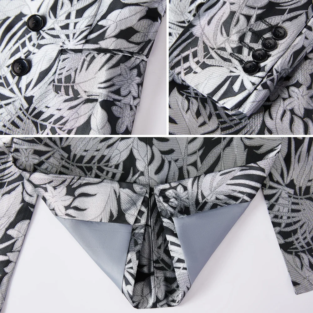 Elegant Men&lsquo;s Business Double Breasted Silver Leaf Suit / Male Slim Dancer Singer Party Host 2 Pcs Blazers Jacket Pants Sets