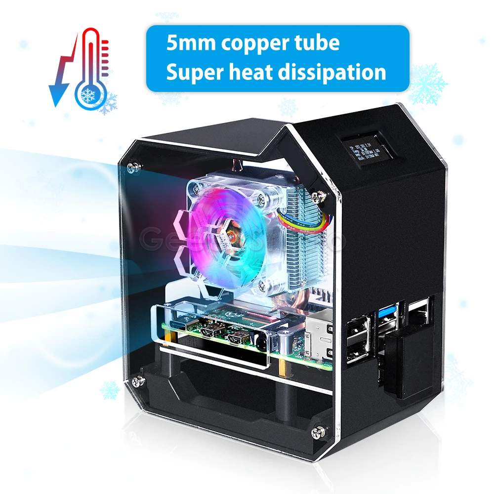 Abs Mini Tower Enclosure Case Ventilador Programável Rgb Placa Adaptadora Ssd M.2 Sata Shell Kit Nas para Raspberry pi b Novo