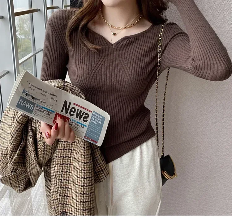 Women Slim V-Neck Bottoming Sweater Autumn Winter For Women Casual Pullovers Long Sleeve Knit Warm Office Sweater