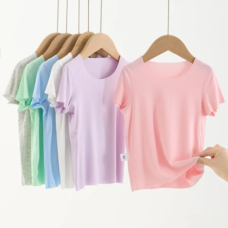 

Детская футболка, детская мягкая рубашка из модала, летняя тонкая футболка для младенцев, свободные однотонные топы с круглым вырезом для мальчиков и девочек