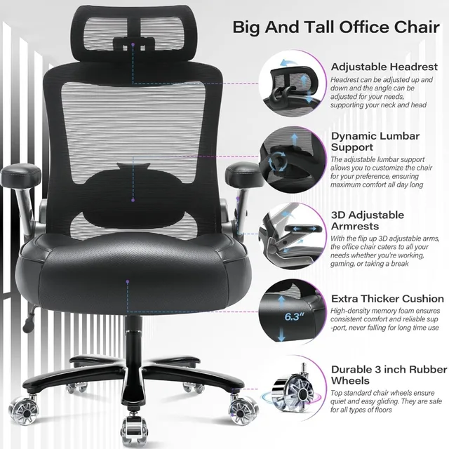 Indulgear 500lbs Big And Tall Office Chair, Heavy Duty Office Chair For  Heavy People, High Back Executive Desk Chair With Adjustable Lumbar  Support,