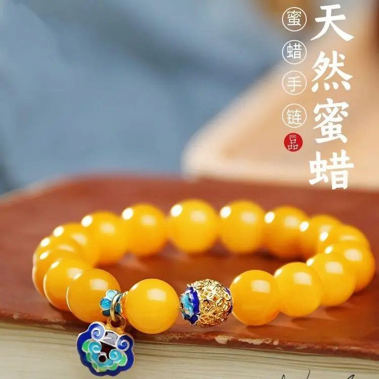 

Natural Chicken Oil Yellow Beeswax Vintage Bracelet for Men and Women Raw Mineral Amber Single Circle Round Bead Handstring Gift