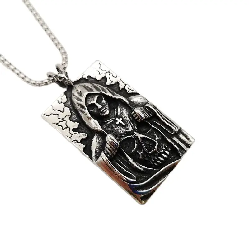 

Goethtic Vintage Death God skull pendant necklace retro stainless steel cloaked Death God dog tag necklace cool jewelry