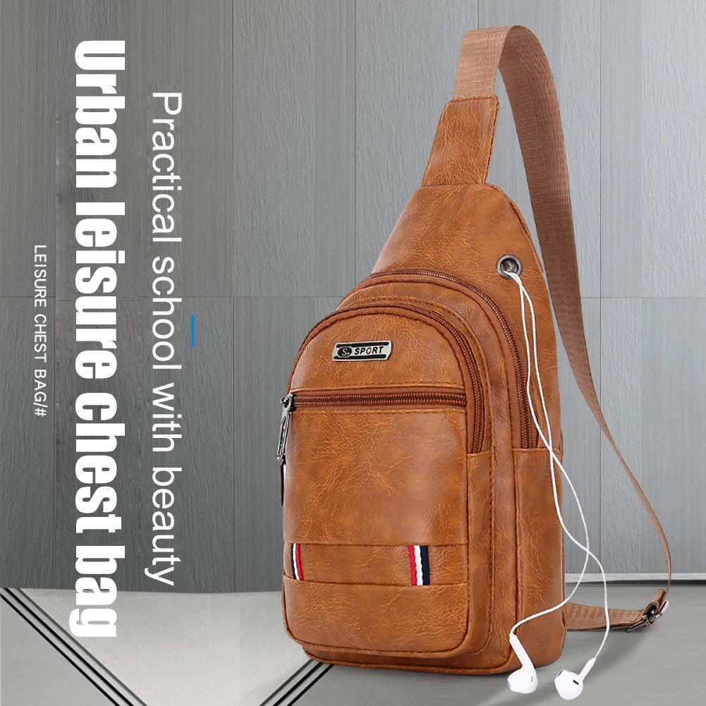 

PU Leather Crossbody Chest Bag Men's Multifunction USB Charging Travel Shoulder Bag Male Anti-theft Daypack With Headset Hole ﻿