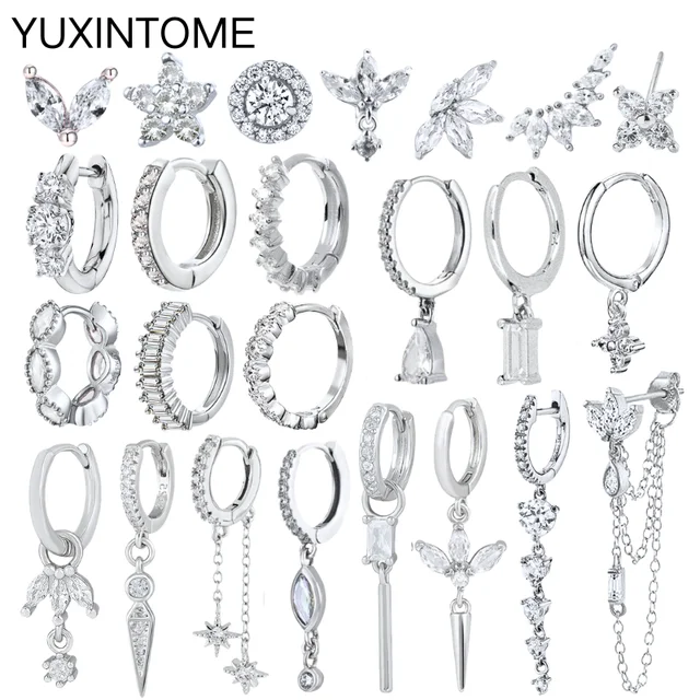 925 Sterling Silver Ear Needle Fashion Hoop Earrings White Crystal Luxury Women's Silver Earrings Wedding Women's Jewelry Gift