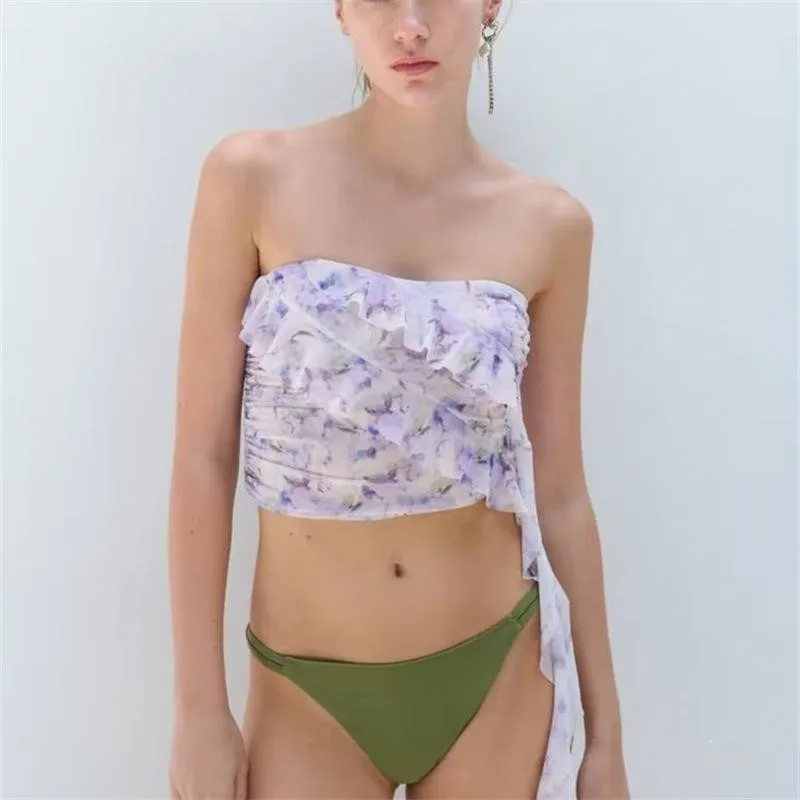 

Women's Summer Fitted Tube Tops Purple Sleeveless Off Shoulder Irregular Ruffle Floral Crop Tops