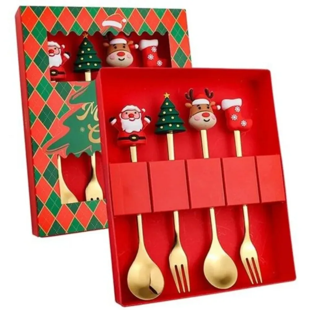 4PCS Santa Claus Spoon Fork Set Creative Christmas Theme Dessert Coffee Fruit Fork Spoons Tableware New Year Party Decor Gifts picnic cutlery set,western style cutlery set,camping cutlery set,stainless steel cutlery set,cutlery set,wooden cutlery set