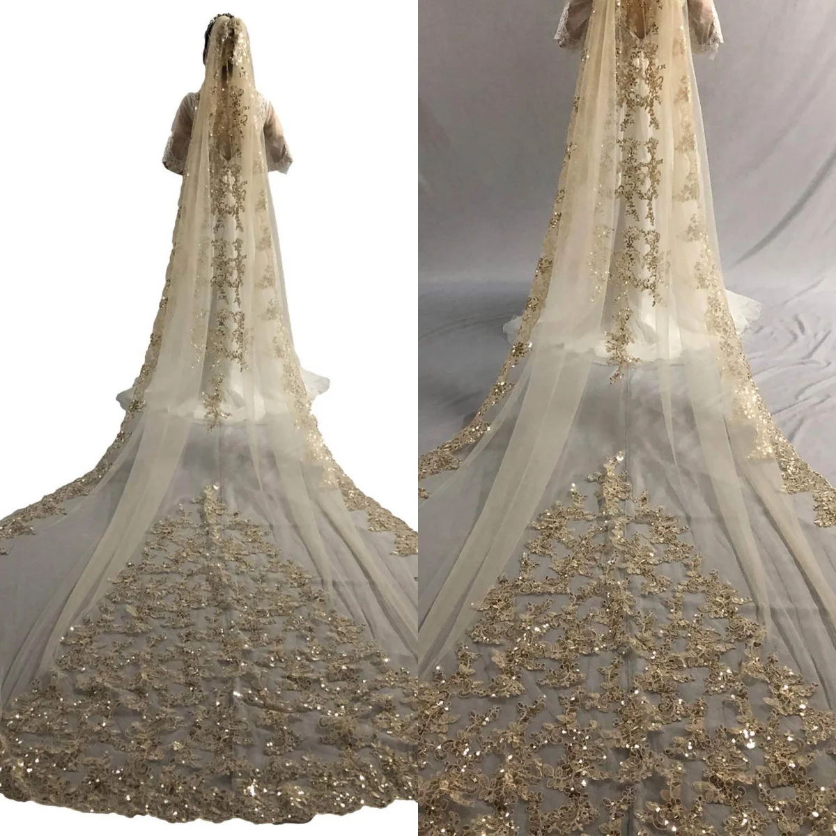 Bridal Veil Glitter Wedding Veil Sequin Appliques Cathedral Length One Layer Bridal Veils Applique Edge For Bride Velo De Cabeza Custom Made